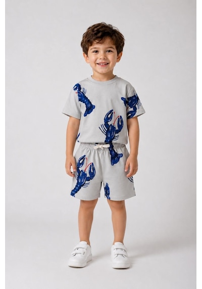 Magu Erkek Çocuk Pamuklu Istakoz Desenli T-shirt Şort Takım Gri