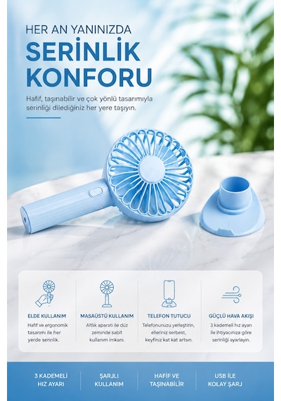 3 Fonksiyonlu Telefon Tutuculu Taşınabilir El Ve Masaüstü Vantilatör Şarjlı 3 Kademeli Mini Fan Usb