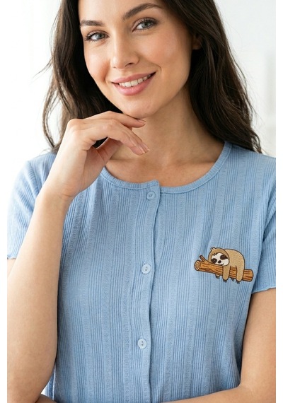 Aura Collections Kadın Ayıcık Desenli Bambu Viskon Kısa Kollu Soft Örme Pijama Takımı Mavi