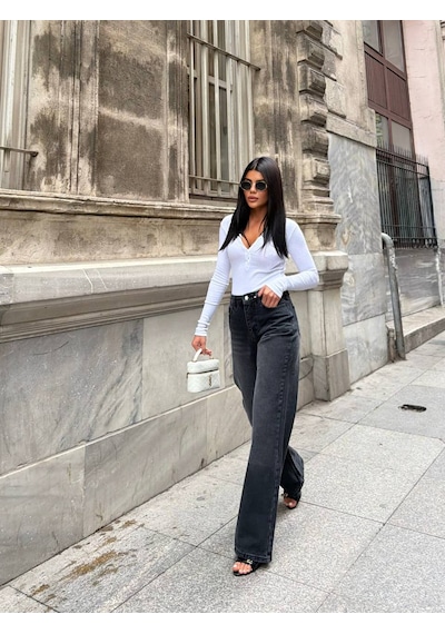 Zdn Jeans Yüksek Bel Antrasit Wide Leg Jean