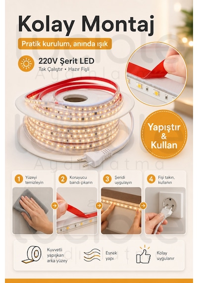 6 Metre 220v Günışığı Şerit Led Hazır Fişli Tak Çalıştır Silikonlu Yapışkanlı