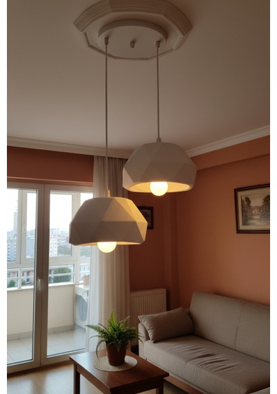 Beyaz 2'li Geometrik Avize Salon Pla Dayanıklı Dekoratif Sarkıt Aydınlatma Ayarlanabilir Kablo