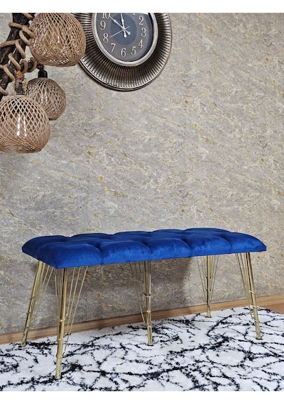 Zafir Metal Gold Tel Ayaklı 100 Cm Puf Bench - Puf - Bench - Oturak - Mutfak Oturağı - Antre Oturağı Mavi