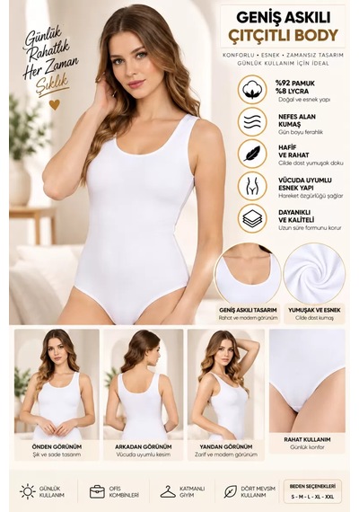 N11 Kadın Geniş Askılı Çıtçıtlı Body Beyaz, Esnek Kumaş, Vücuda Oturan Basic Kadın Body - Ryl - 2700