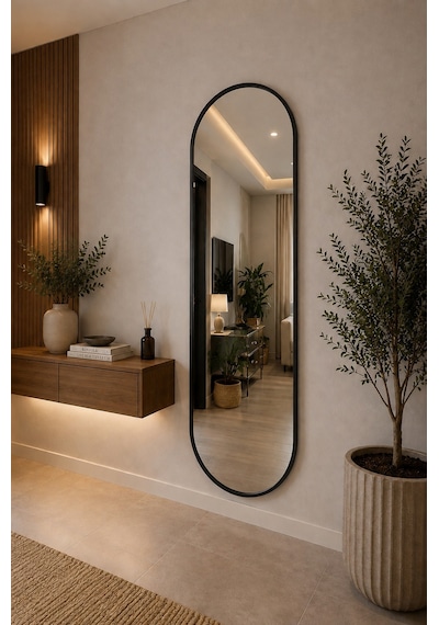 Effe Siyah Metal Çerçeveli 180x60 Cm Elips Model Ayaklı Boy Aynası