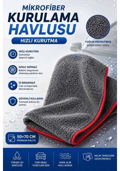 2'li Araç Temizlik Seti 50x70 Cm 390 Gsm Mikrofiber Kurulama Havlusu Ve İz Bırakmayan Premium Cam Bezi