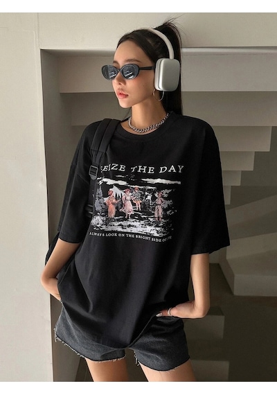 Tarzsokak Kadın Siyah Seize The Day Baskılı Oversize T-shirt Siyah