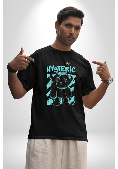 Histerik Pamuklu Bisiklet Yaka Unisex Oversize Boyfriend Dijital Baskılı Siyah T-shirt Siyah