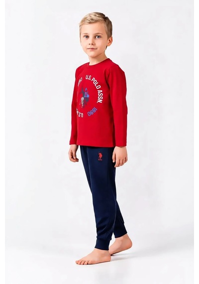 U.S. Polo Assn. Baskılı Uzun Kollu Erkek Çocuk Pijama Takımı Kırmızı