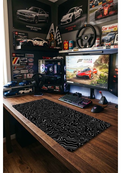 Siyah Beyaz Akışkan Kontur Deseni 40x90 Cm Oyuncu Mousepad Kaymaz Taban Büyük Boy Mousepad