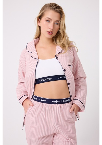 Lespadon Marısılk Seastrıpe Premium Dokuma Uzun Kollu Crop Pantolonlu Kadın Pijama & Lounge Takımı-3202 Altın