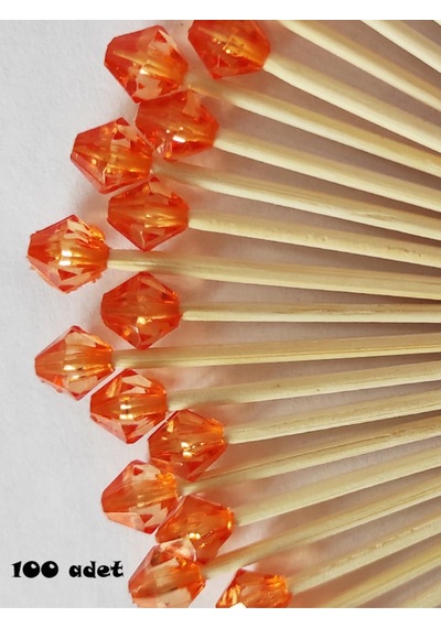 100 Adet Dekoratif Turuncu Pırlanta Boncuklu Pasta Kürdanı 6 Cm - Boncuk 7 Mm - Toothpick