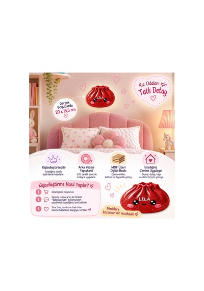 Dumpling Squishy Çin Mantısı Temalı Kişiye Özel Mdf Çocuk Odası Süsü Kırmızı