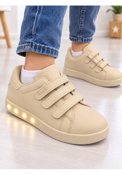Papucumun Dünyası Çocuk Erkek/kız 3 Cırtlı Kolay Giyilir Ortopedik Işıklı Sneaker Tam Kalıp Bej