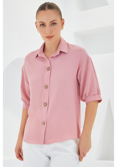 Bigdart Kadın Pembe Kısa Kol Oversize Keten Gömlek 20240 20240bgd19-035-14866 001
