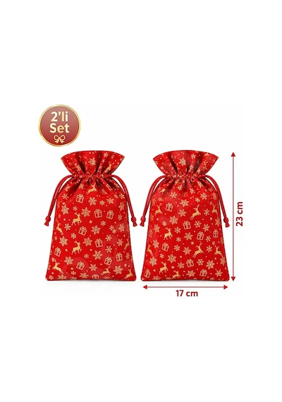 Yılbaşı Kırmızı Gold Geyik Ve Kar Tanesi Desenli Hediye Kesesi 2 Li Set - 17x23 Cm