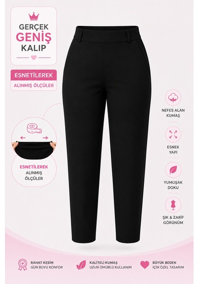 Zanessi Büyük Beden Beli Lastikli Toparlayıcı Yüksek Bel Mom Kesim Kumaş Kadın Pantolon Siyah Zanessi Büyük Beden Beli Lastikli Toparlayıcı Yüksek Bel Mom Kesim Kumaş Kadın Pantolon Siyah