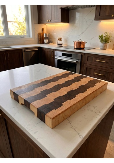 Nfzz Ceviz Ladin End Grain Kesme Tahtası 41x26x4 Cm Masif Ahşap Kasap Bloku Kahverengi - Krem