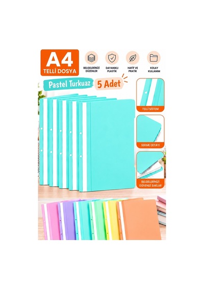 Telli Dosya Pastel Turkuaz A4 5 Adet Ekonomik Kaliteli Plastik Telli Dosya Evrak Sunum Dosyası Renkli Ofis Büro Okul
