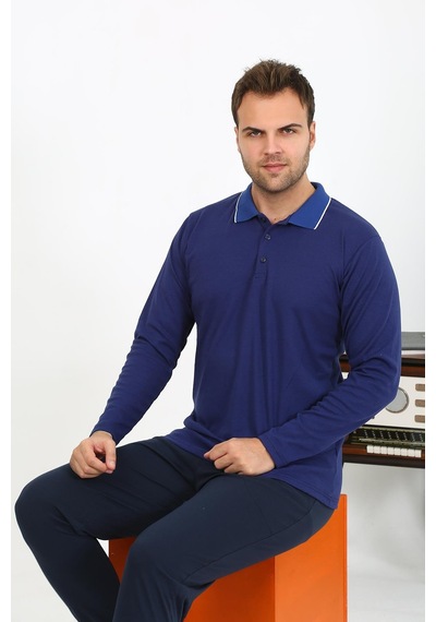 Akbeniz Erkek Polo Yaka Uzun Kol Penye Pijama Takımı Lacivert 6865 Lacivert