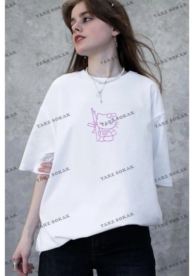 Startmore Unisex Pembe Hug Me Hello Kitty Tshirt Beyaz