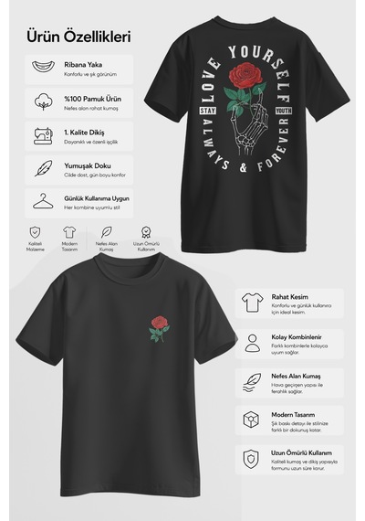 Spoyi Forever Rose Tasarımlı %100 Pamuk Yarım Oversize Siyah T-shirt
