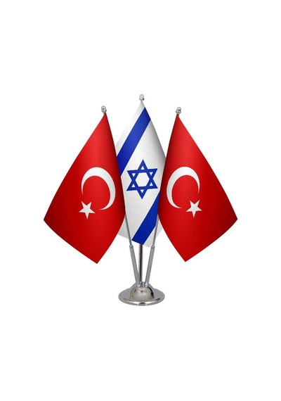 Masa Üstü İsrail Bayrağı Türk Bayrağı Üçlü Krom Direk Masa Bayrak