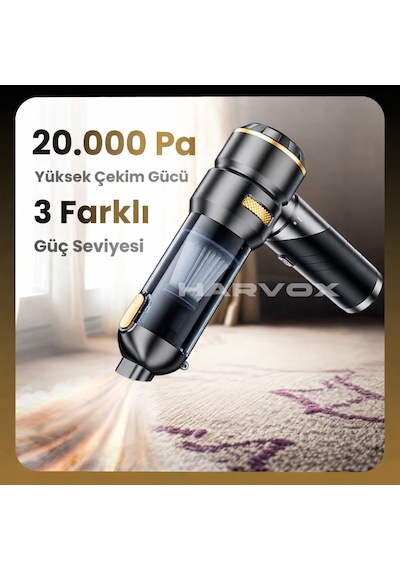 Harvox Hxvc-005 Araç İçi Profesyonel Süpürge 12.000 Mah Çift Bataryalı 20.000pa Güçlü Vakum Ve Üfleme Powerbank Özellikli Süpürge Siyah