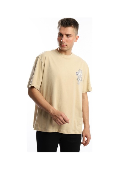 Erkek Oversize Fit Ön Arka Baskılı Basic Tişört Bej