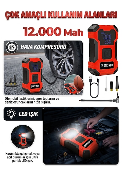 Steiner 12.000 Mah Dijital Ekranlı Kablosuz Lastik Hava Pompası Şarjlı Hava Kompresörü Powerbank Led Işık Kırmızı