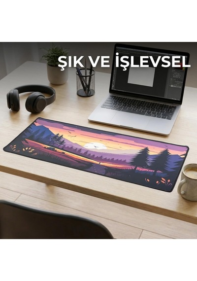 Büyük Oyuncu Mouse Pad 300x700 Mm, Günbatımı Temalı Mikro Kumaş Yüzeyli Desenli Mousepad, Kaymaz Kauçuk Tabanl