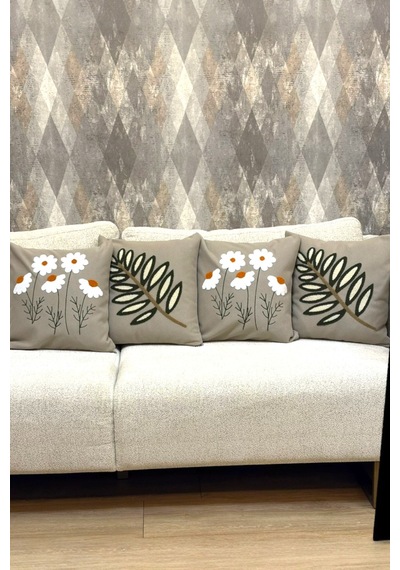 4 Lü Dekoratif Pamuklu Kırlent Kılıfı Seti 2 Papatya 2 Yaprak Modern Boho Etnik Çift Katlı Kumaş Bej Bej