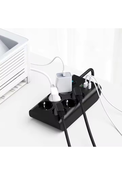 Termal Akım Korumalı, 10'lu Priz Soketi, Isıya Dayanıklı Yapı, 10x Priz, 3x Usb, 1x Type-c Girişi, Çocuk Korumalı Çoğaltıcı, 2 Metre Uzatma Kablosu 16a/3680w Siyah