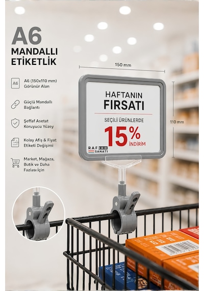 A6 Fiyatlık Mandallı Etiketlik Sepet Raf Askılık Fiyat Etiketi Çerçeveli Market Mağaza Gri