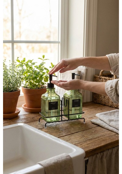 Makri Home Modern Çizgili Desenli Cam Ikili Sıvı Sabunluk & Deterjanlık Seti, Yeşil- 500 Ml Cam Sabunluk Yeşil