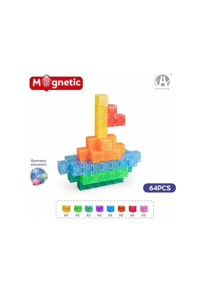 Magnet Küp Yapı Blok Seti 64 Parça - Güçlü Mıknatıslı Eğitici Bloklar