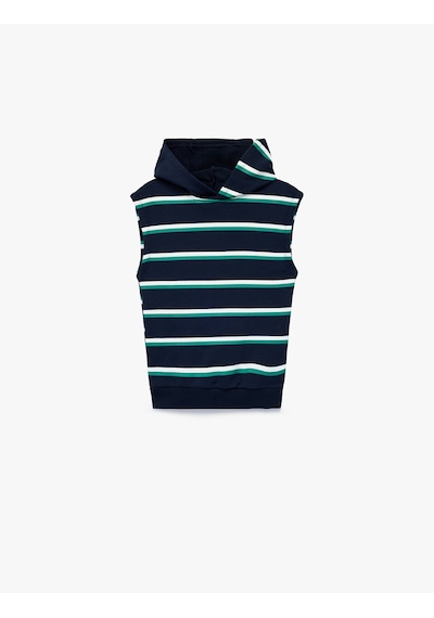 Koton Üç İplik Baskılı Oversize Kapşonlu Kolsuz Sweatshirt Lacivert Çizgili 7wkb30005tk