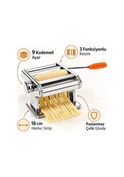 Manuel Erişte Ve Makarna Hamur Açma Makinesi Paslanmaz Çelik Gövde, Tagliatelle Fettuccine Lasagna Kesim, 9 Kademeli Ayar, Masa Sabitleme Aparatı Dahil