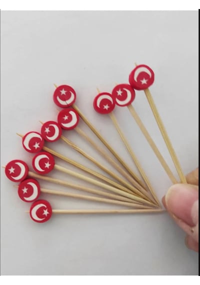 100 Adet Dekoratif Ay Yıldız Boncuklu Pasta Kürdanı 6,5 Cm Milli Bayram