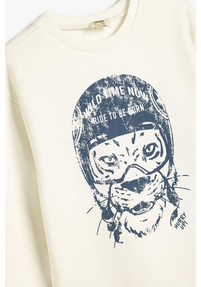 Hipatu Koton Erkek Çocuk Hayvan Baskılı Sweatshirt Bisiklet Yaka Boxy Pamuk Karışımlı Ekru