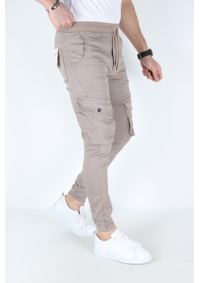 Myrab Denim Erkek Siyah Kargo Cepli Paça Bel Lastikli Likralı Kargo Cep Pantolon Krem