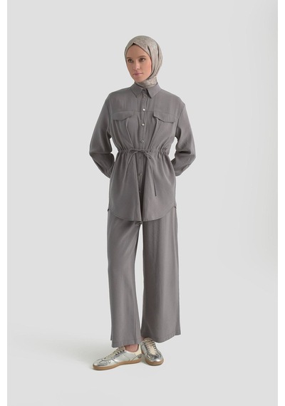 Armine Trend Beli Büzgü Detaylı Pantolonlu İkili Takım 26yt619 Açık Gri