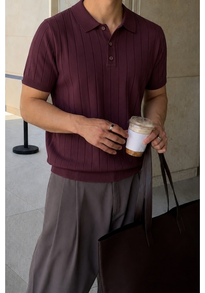 Tarz Cool Erkek Çizgili Triko Polo Yaka Tişört Slim Fit Premium Pamuklu Yazlık Polo Bordo