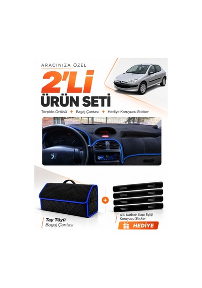 Peugeot 206 Büyük Ekranlı 1998-2009 Uyumlu Torpido Örtüsü + Tay Tüyü Çanta Seti - Siyah Mavi