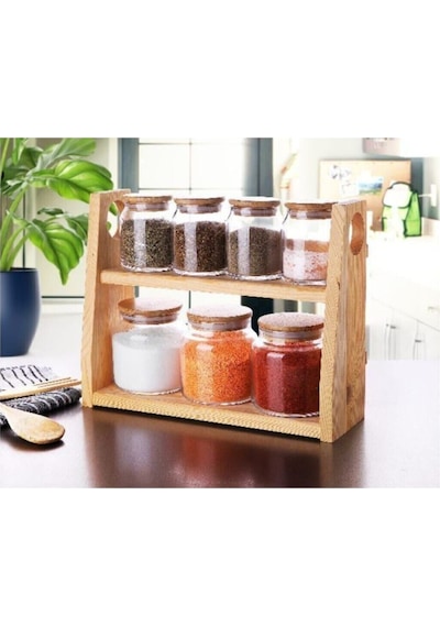 Ahşap Standlı Bambu Kapaklı 7'li Şık Baharat Takımı Sarı