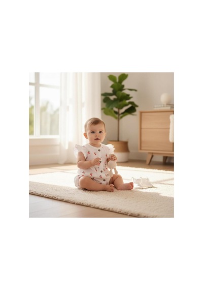 Nanon Baby Altıntaş Baby Kiraz Ponpon Desenli Müslin Fiyonklu Tulum Ekru Ekru