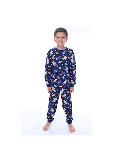 Gezegen Desenli %100 Pamuk Lacivert Çocuk Pijama Takımı Lacivert