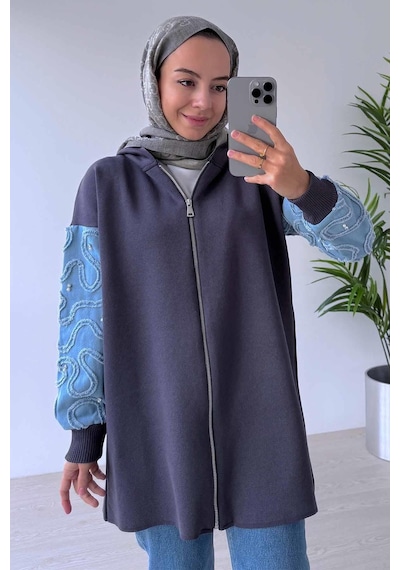 Ka Hijab Kolları Kot Detaylı Triko Hırka - Füme Füme
