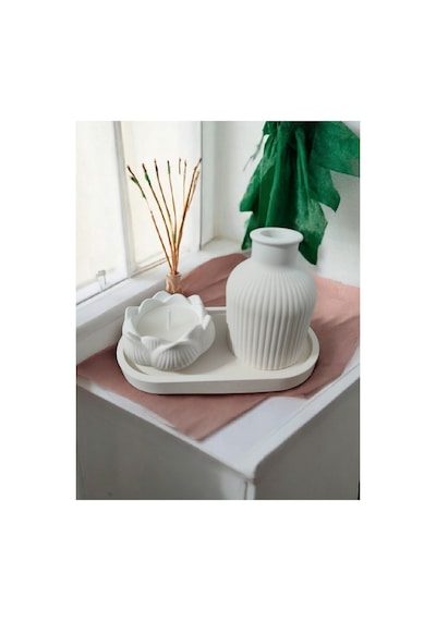 Buççin Online Mağaza Dekoratif Seramik Lotus Çiçeği Mum Seti Şık Vazo Ve Sunum Tepsili Lavanta Kokulu Lavanta Beyaz