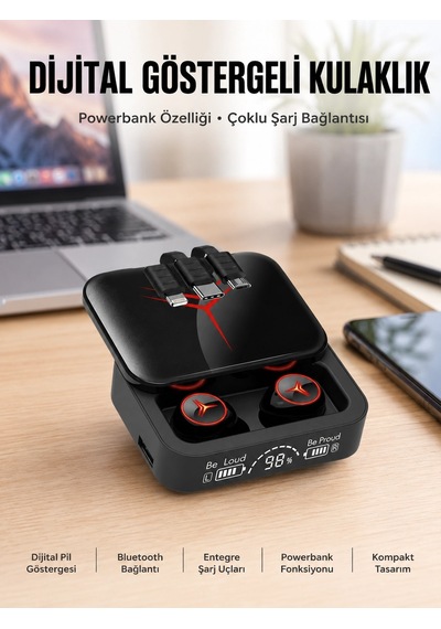 Kablosuz Şarj Göstergeli Powerbank Özellikli Bluetooth Kulaklık Çağrı Cevaplayabilen Yeni Nesil Renkli